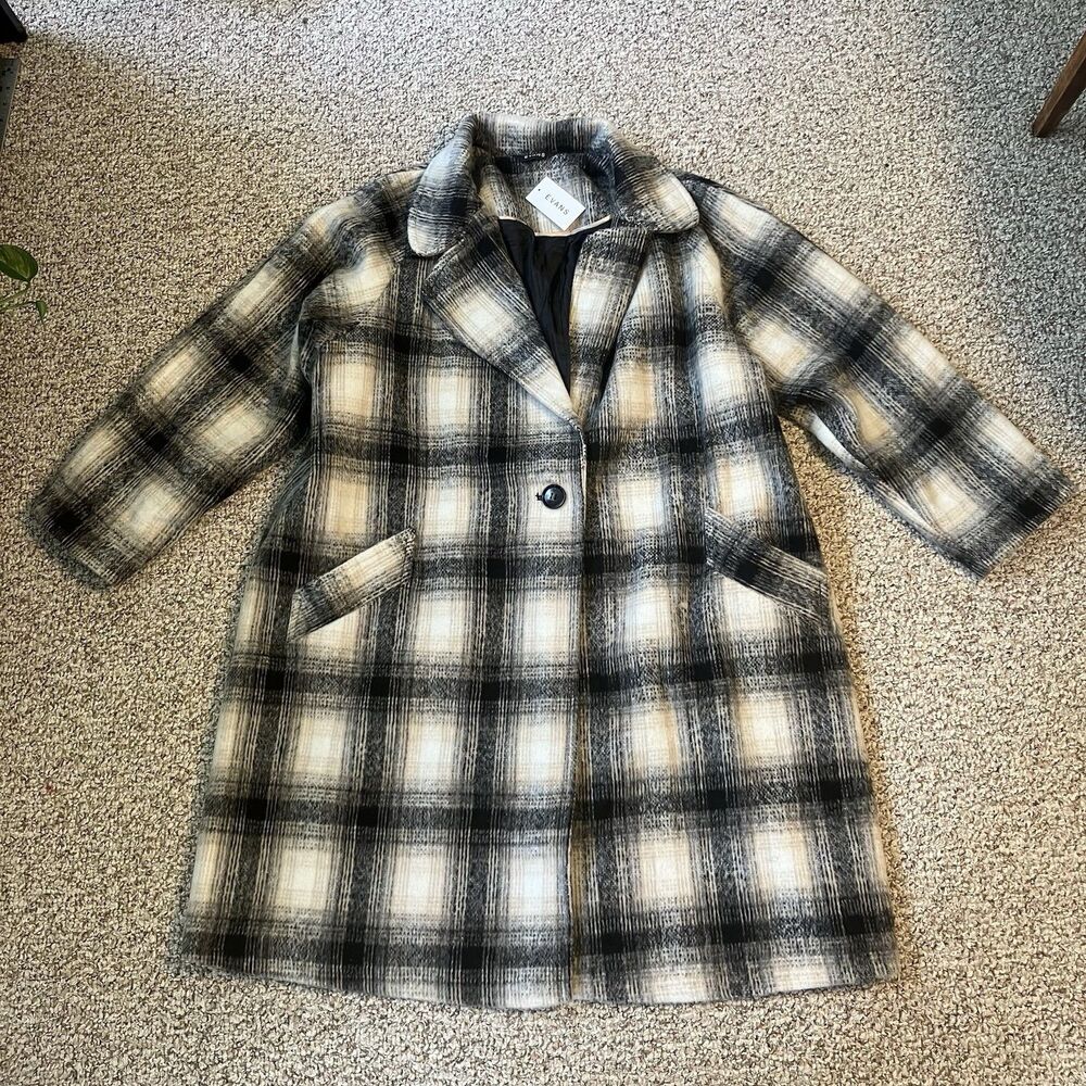 NWT Evans Womens Plaid Winter Coat Plus Size 24 Black White Button Pockets Pea